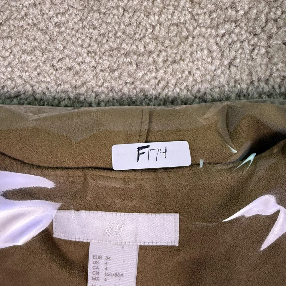 H&M Faux Suede Jacket Mid Length Women's Size 4 Long Sleeve Open Front Lea F174